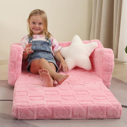 Extra Wider Seating Toddler Couch, 2-in-1 Toddler Soft Couch Fold Out with Star Pillow, Convertible Sofa to Lounger for Girls and Boys, Pink Heart