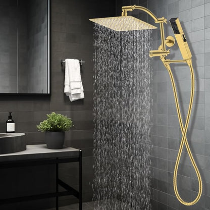 Hibbent All Metal 10'' Rainfall Shower Head, Shower Head Combo, High Pressure Handheld Shower Wand, 4 Sprays, 16'' Adjustable Arc-shaped Extension Arm, 71'' Hose, Showerhead Holder, Brushed Gold
