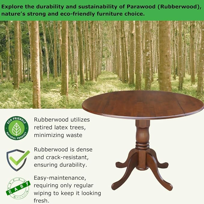 IC International Concepts, 42" Round Dual Drop Leaf Pedestal Dining Table, Solid Wood, Real Parawood, 42" W x 42" D x 29.5" H, Easy Assembly, Espresso