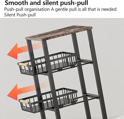 Kitchen Storage Cart Slim Rolling Cart On Wheels,5-Tier Skinny Kitchen Island Utility Organizer Storage Cart with Pull-Out Baskets and Wood Top,Mesh Fruit Basket Cart with Handle