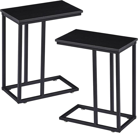 VECELO C Shaped End Side Table for Sofa Couch and Bed Snack TV Tray for Living Room Bedroom, 2 Set, Black