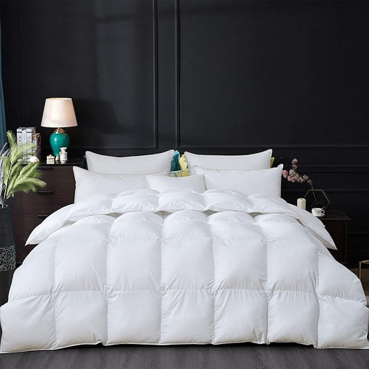 Egyptian Cotton Luxurious All-Season California King Size Goose Down Comforter Duvet Insert, Premium White Solid Plain Design, 1200 Thread Count 100% Egyptian Cotton, 750+ Fill Power,90oz Fill Weight