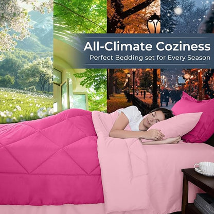 HEVUMYI Hot Pink & Baby Pink Cali-King Comforter Set - 7-Piece All Season Bed in a Bag Cali-King, Ultra Soft Bedding Set with Comforter, Flat Sheet, Fitted Sheet, Pillowcases, Pillow Shams