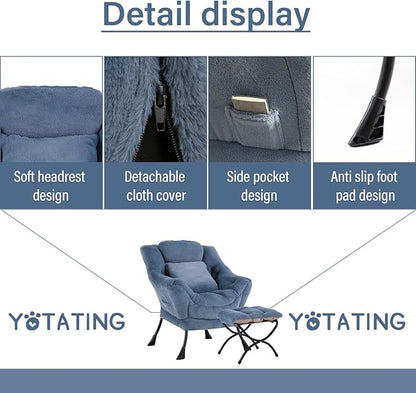 Lazy Chair with Ottoman, Comfy Reading Lounge Chair with Footstool & Throw Pillow Modern with Armrests & Side Pocket for Living Room, Bedroom, Dorm Room, Plush Light Blue