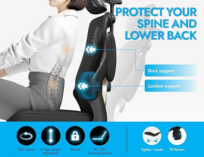 Ergonomic Office Chair-Mesh Computer Desk Chair Comfy, High-Back Gaming Chairs with 3D Headrest & Lumbar Support, Executive Task Chair for Adults, Comfortable for Long Hours