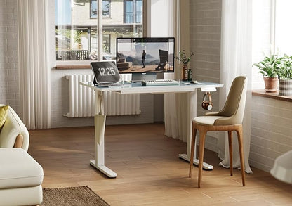 INNOVAR Glass Standing Desk with Drawers, Adjustable Height Electric Stand Up Desk, Small Standing Desks with Storage, 40 inch, Morandi Blue