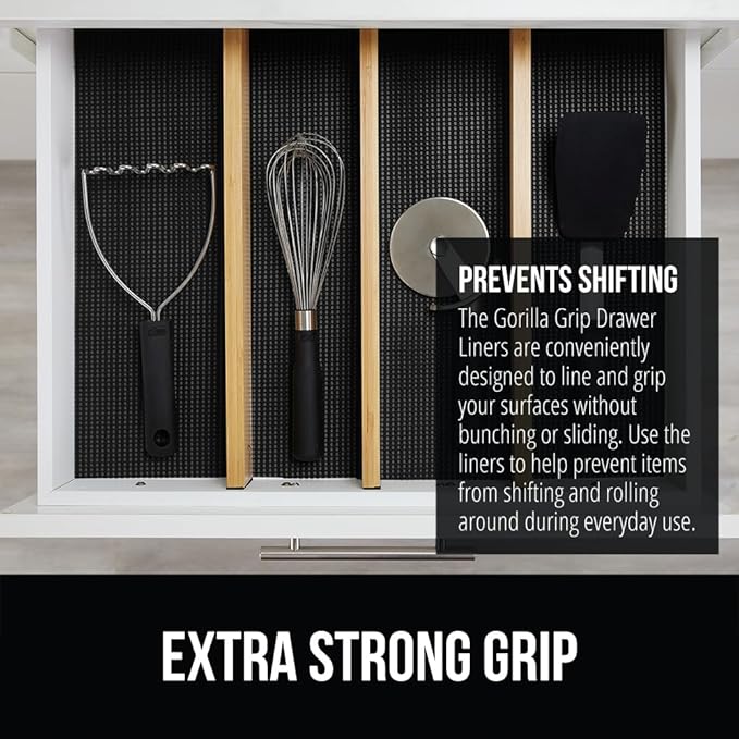 GORILLA GRIP powerGRIP Drawer Shelf and Cabinet Liner, Thick Strong Hold, Non-Adhesive Liners Protect Kitchen Cabinets and Cupboard, Bathroom Drawers, Easy Install, Breathable Mat, 20" x10', Black