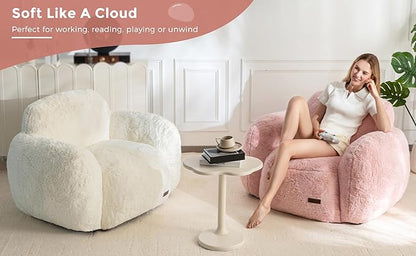 MAXYOYO Bean Bag Chair, Comfy Pebble Shaped Single Bean Bag Sofa for Adults, Stuffed Floor Sofa with Supportive Backrest & Armrests, Modern Faux Fur Accent Chair for Living Room & Bedroom, Beige