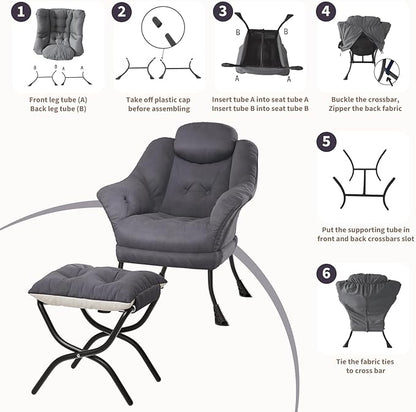 IDEALHOUSE Lazy Chair with Ottoman - Modern Living Room Chairs for Small Spaces, Ergonomic Reading Chair with Armrests, Comfy Chair with Ottoman for Bedroom & Living Room, Grey
