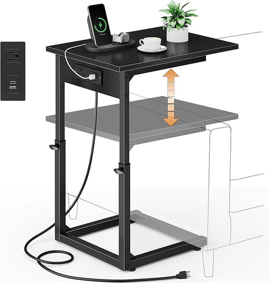 Vagusicc C Shaped End Table with Charging Station, 33" Tall Side Table for Couch, C Table Adjustable Height Small Couch Side Tables, Slide Under Sofa Table TV Tray Tables for Living Room,Bedroom,Black