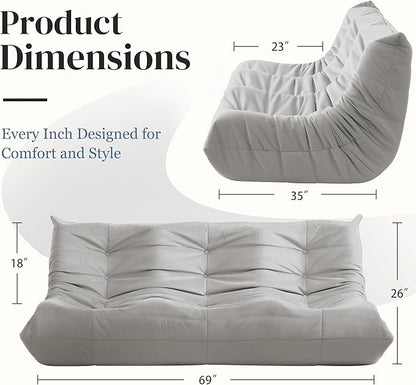 Bean Bag Chair, Large Fireside Chair Bean Bag Sofa for Adults, 3 Seater Bean Bag Chairs for Teens with High-Resilience Foam, Memory Foam Bean Bag for Living Room, Bedroom, Office (Suede, Light Gray)