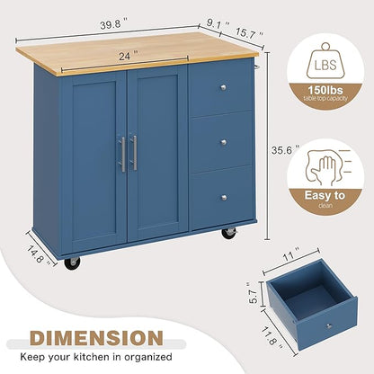 Shintenchi Kitchen Island with Folding Drop Leaf, Rolling Island Table with Storage, Kitchen Cabinet on Wheels with Seating Area for Kitchen, Bar Cart with Cabinet, Blue
