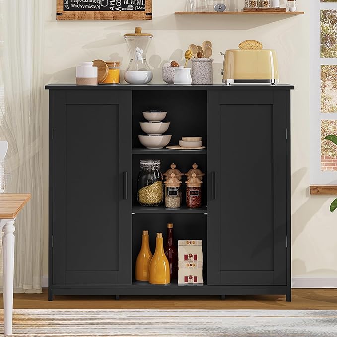Iwell Storage Cabinet with 2 Doors and 4 Storage Shelves, Bathroom Cabinet, Cupboard for Living Room, Home Office, Entryway, Black