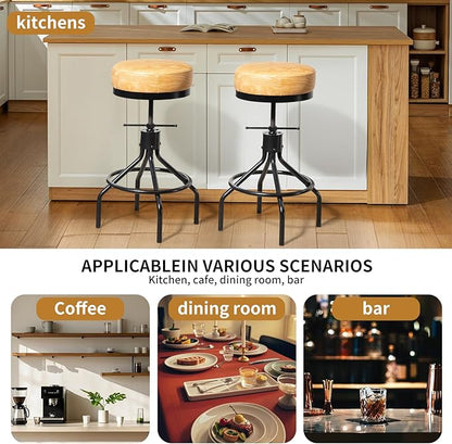 Swivel Bar Stools Adjustable Swivel Barstools Modern PU Leather 28inch Round Backless Counter Height Stool Metal Industrial Bar Chair for Kitchen Island (1, Ash Wood PU Leather)