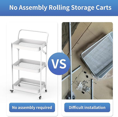 JAQ Foldable Rolling Cart, 3-Tier Metal Small Folding Storage Utility Carts Basket Rack Organizer with Handle on Wheels for Snacks Books Fruits for Kitchen Laundry Room Bathroom - (White, 3-Layer)
