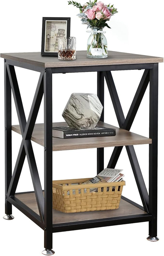 End Tables Living Room, 16" D x 16" W x 24" H, Indoor SideTables Living Room with Storage Shelf, Square End Table, X-Shaped Night Stands for Bedroom, Farmhouse Wood End Tables, Grey