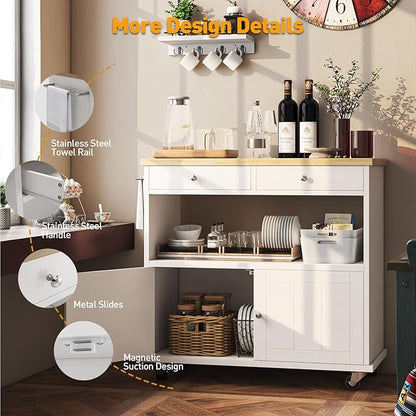 Rolling Kitchen Island with Storage Cabinet, 35.4'' Width Kitchen Cart, 2 Drawers Island Table, Portable Mobile Kitchen Island with Towel Rack, Wood Top and Lockable Wheels, White