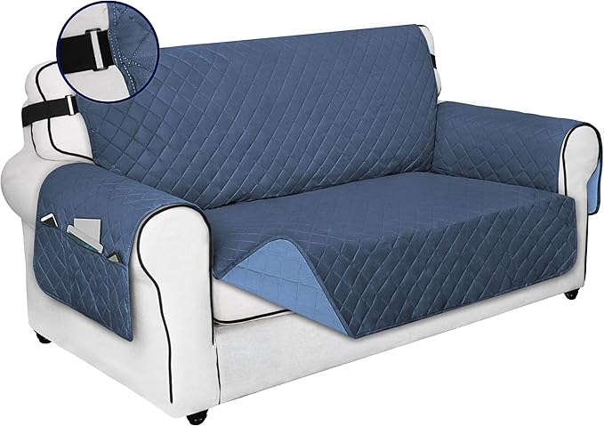 PureFit Reversible Sofa Cover Water Resistant Loveseat Couch Cover, Machine Washable Furniture Cover with Non-Slip Foam and Adjustable Strap for Dogs, Pets (Loveseat, Dark Blue/Light Blue)