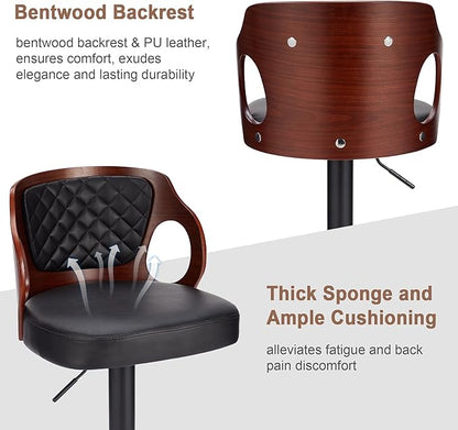 VECELO BarStools Set of 2,Counter Height Stools with Bentwood Back&Arm, Swivel Barstools,PU Leather Kitchen Island Stools, Adjustable Height Bar Chairs for Club Pub Dining Room,Black