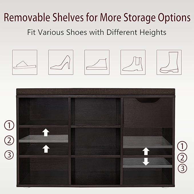 DINZI LVJ Shoe Bench,Entryway Storage Bench with Drawer and 8 Cubbies,Cubby Rack Adjustable Shelves,Shoe Organizer Cabinet for Living Room,Bedroom,Mudroom,Closet Garage,Espresso