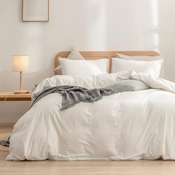 BESTOUCH Duvet Cover Set 100% Washed Cotton Linen Feel Super Soft Comfortable Chic Lightweight 3 PCs Home Bedding Set Solid Off White Oversized Queen