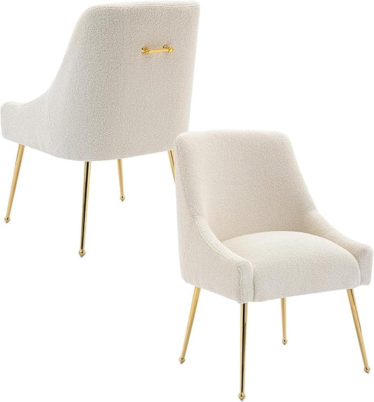 Modern Velvet Dining Chairs Set of 6, Contemporary Upholstered Furniture Collection with Polished Gold Metal Legs, Elegant Accent Chairs for Kitchen Living Room(Teddy Fleece,Beige)