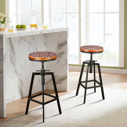 Set of 2 Vintage Bar Stools 25.6-31.5inch Height Adjustable Farmhouse Dinning Stool Swivel Wooden Seat Kitchen Island Counter Chair