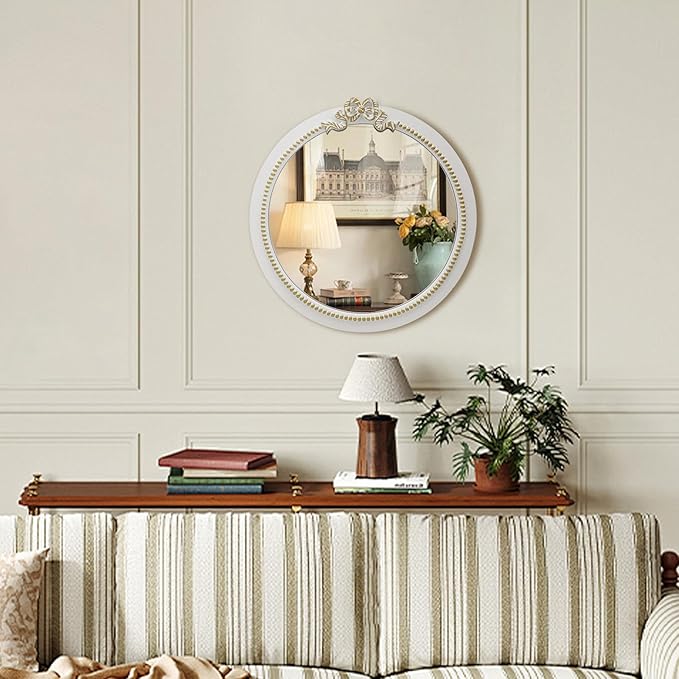Vintage Round Wall Mirror 28inch Farmhouse Wooden Vanity Mirror for Wall Decor, Decorative Antique White Bathroom Mirrors, Traditional Art Home Decor for Dressing Table, Living Room or Bedroom