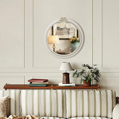 Vintage Round Wall Mirror 28inch Farmhouse Wooden Vanity Mirror for Wall Decor, Decorative Antique White Bathroom Mirrors, Traditional Art Home Decor for Dressing Table, Living Room or Bedroom