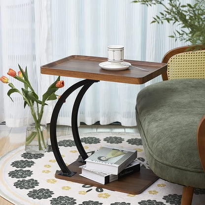 C Shaped 2tier Large Tray Wood top Heavy Duty Side end Table Large TV Tray for Couch Sofa Double Bent Tubes 2