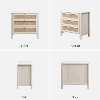 SICOTAS White Night Stand with Drawers - Large Rattan Bedside Table with Golden Handle, 3 Drawers Nightstand Tall End Table Side Table Boho Nightstand for Bedroom