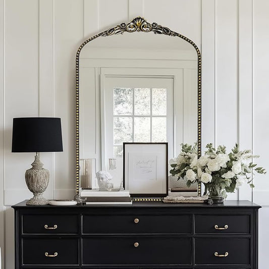 G-LEAF Vintage Baroque Mirror 24"X36", Victorian Antique Farmhouse Mantel Mirror with Black Brush Gold Ornate Metal Frame for Fireplace Entryway Living Room Hallway Bathroom