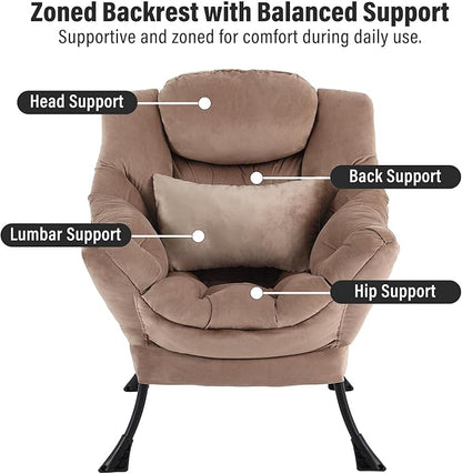 Lazy Chair with Ottoman, Modern Accent Chair with Lumbar Pillow, Comfy Chairs with Folding Footrest for Bedroom, Reading, Oversized Supportive Lounge Chairs(Velvet Khaki)