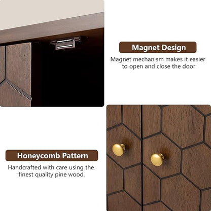 COSIEST Set of 3 32" Storage Sideboards with Doors, Accent Cabinets with Magnetic Push-to-Open Doors, Brown Honeycomb Pattern, Entryway Console for Living Room, Kitchen, Hallway