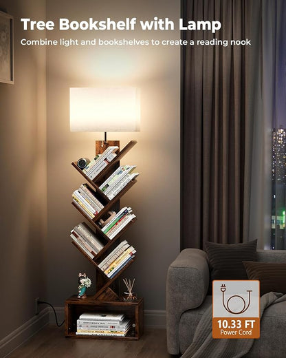 6 Tier Tree Bookshelf with Light, Narrow Bookcase Tower, Tall Floor Standing Book Organizer with Storage Cabinet for Living Room, Bedroom and Home Office, Rustic Brown