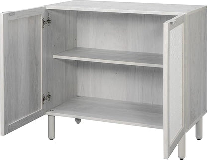 Sango Orre 2-Door Cabinet, Modern Sand Storage Cabinet with Synthetic Rattan Door Panels, Adjustable Shelf, Cylindrical Wood Legs, Discreet Finger Pulls, Elegant Furniture for Living or Dining Room