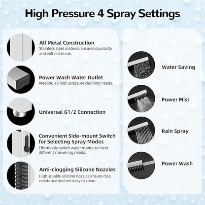Hibbent All Metal 8'' Rainfall Shower Head, Square Shower Head Combo, High Pressure Handheld Shower Wand, 4 Sprays, 16'' Adjustable Arc-shaped Extension Arm, 71'' Hose, Showerhead Holder, Chrome