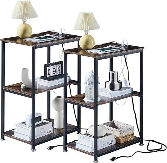VECELO Tall End Table with Charging Station, Side Table with USB Ports and Outlets, 30" Height Nightstand with 3-Tier Storage Shelf for Living Room Bedroom Office Hallway Study
