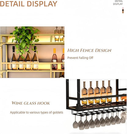 Metal Wall-Mounted Wine Rack with LED Light - 3 Tier Wine Storage Display Rack with Glass Holder - Space-Saving Bottle Display Shelf for Home Bars, Dining Rooms(Gold, 31in/80cm)