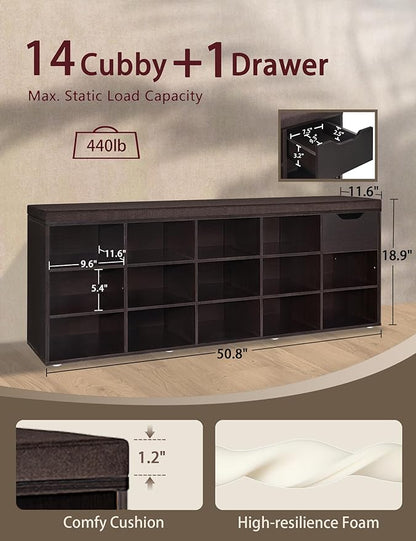 DINZI LVJ Shoe Bench, Entryway Storage Bench with Drawer and 14 Cubbies, Long Cubby Shoe Rack with Adjustable Shelves, Organizer for Living Room, Bedroom, Mudroom, Garage, Espresso