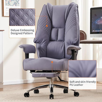 Big and Tall Office Chair 400lbs Wide Seat, Leather High Back Executive Office Chair with Foot Rest, Ergonomic Chairs Lumbar Support for Lower Back Pain Relief (Light Purple)