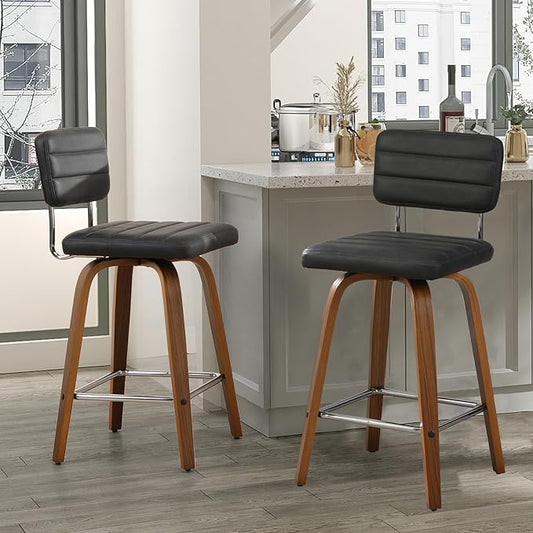 Counter Height Bar Stools Set of 2 Wood Swivel Bar Stools for Kitchen Island Modern Square Barstools with Leather Back Cushion Industrial Vintage Bar Chair Rustic Furniture for Home Pub 26 Inch Grey