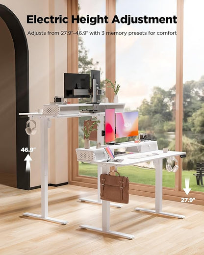 35x20 Inch Standing Desk with Double Drawers, C-Clamp Mount Compatible, Electric Adjustable Height Computer Stand Up Desks, Home Office Sit Stand Table with 3 Preset Heights & 2 Hooks, White