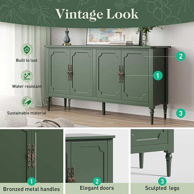 Large Sideboard Buffet Cabinet with Storage: 58'' Modern Credenza Buffet Table Coffee Bar Wine Bar Storage Sideboard with 4 Doors for Dining Room Living Room (Forest Green)