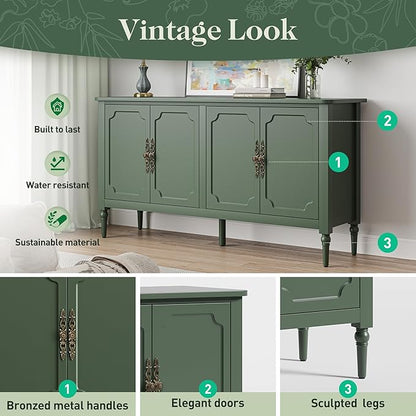Large Sideboard Buffet Cabinet with Storage: 58'' Modern Credenza Buffet Table Coffee Bar Wine Bar Storage Sideboard with 4 Doors for Dining Room Living Room (Forest Green)