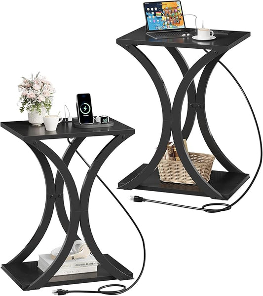 End Table with Charging Station, 2-Tier Modern Side Table Set of 2, Nightstand with Storage Shelf, for Small Spaces, for Bedroom, Living Room, Home Office, Black TBZ20UP2BB
