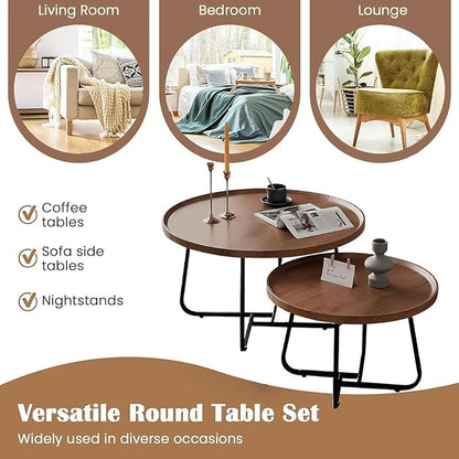Round Nesting Coffee Table Set of 2, 28" Round Walnut with Fluted,Mid Century Modern,Center for Living Room Bedroom Office Balcony Yard