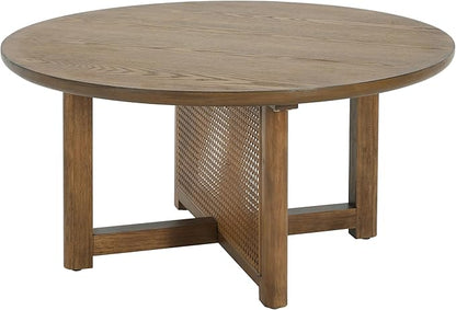 Christopher Knight Home Kiaya Round Coffee Table with PE Woven Design, Wood Coffee Tables for Living Room, Stylish Indoor Round Table, Easy Assembly, Versatile Living Room Furniture, Natural Brown