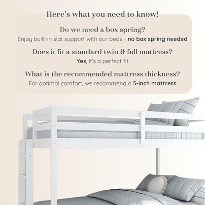 Grain & Grove Bear Twin Over Full Bunk Bed, Sturdy Bunk Bed Frame for Kids, Plywood Bunk with Ladder, Guardrail, and Slats, No Box Spring Required, Brushed White