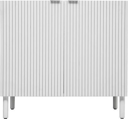Sango Merk 2-Door Cabinet, Modern White Storage Cabinet with Vertical Groove Doors, Adjustable Shelf, Cylindrical Wood Legs, Discreet Metal Finger Pulls, Stylish Furniture for Living or Dining Room